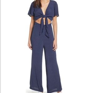 Leith Womens Tie Front Jumpsuit Small Navy Blue White Polka Dot Short Sleeve